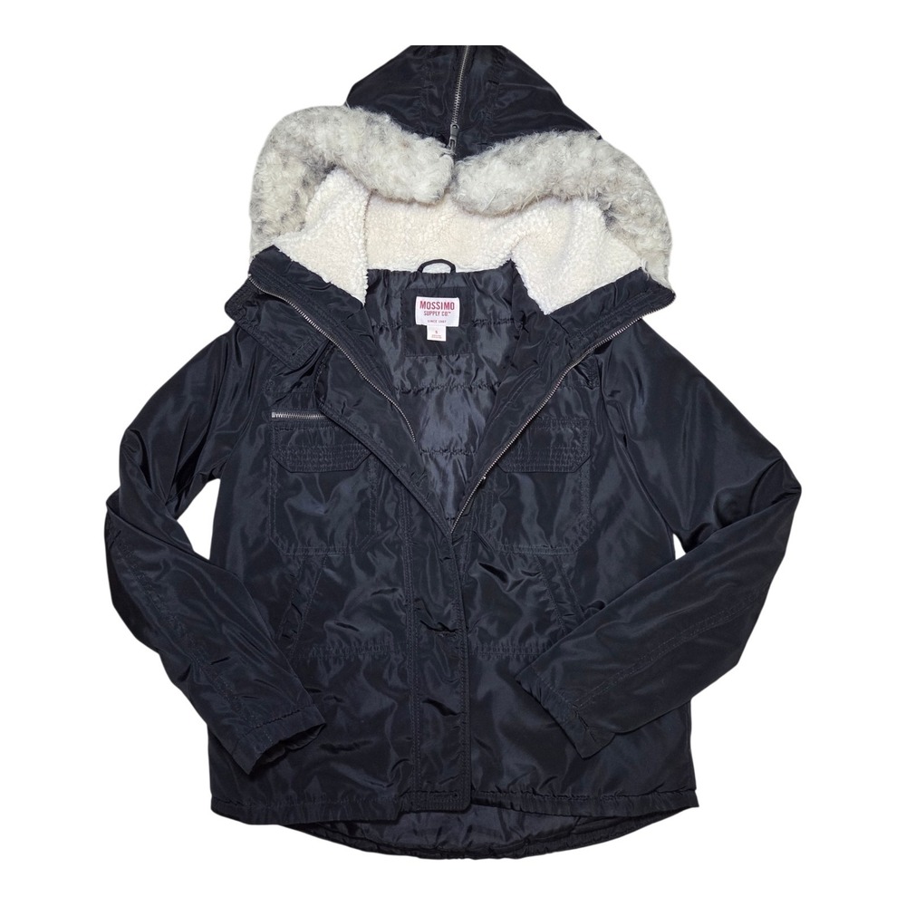 Mossimo Supply Co Women Black Hooded Sherpa Lined Utility Jacket Faux Fur Trim S